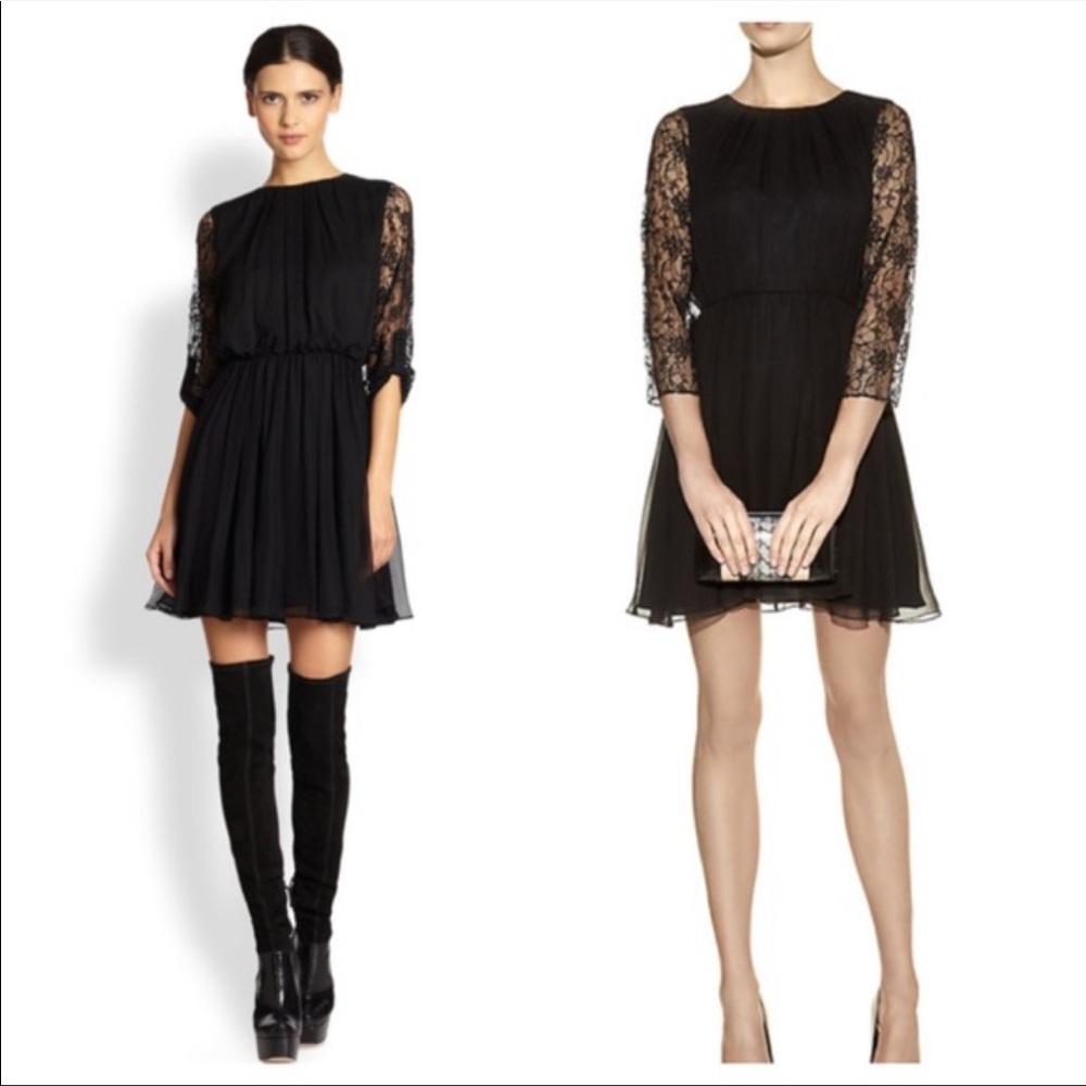 ALICE + OLIVIA Conan Shirred Lace Sleeve Open Back Silk Dress